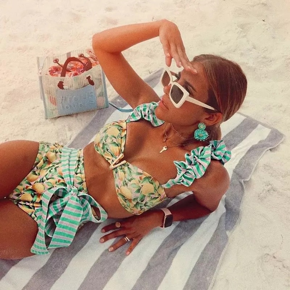 Lemon Rush+Ruffle Push-Up Bikini High Waisted W/Sash Tie, High End Lux Swimwear